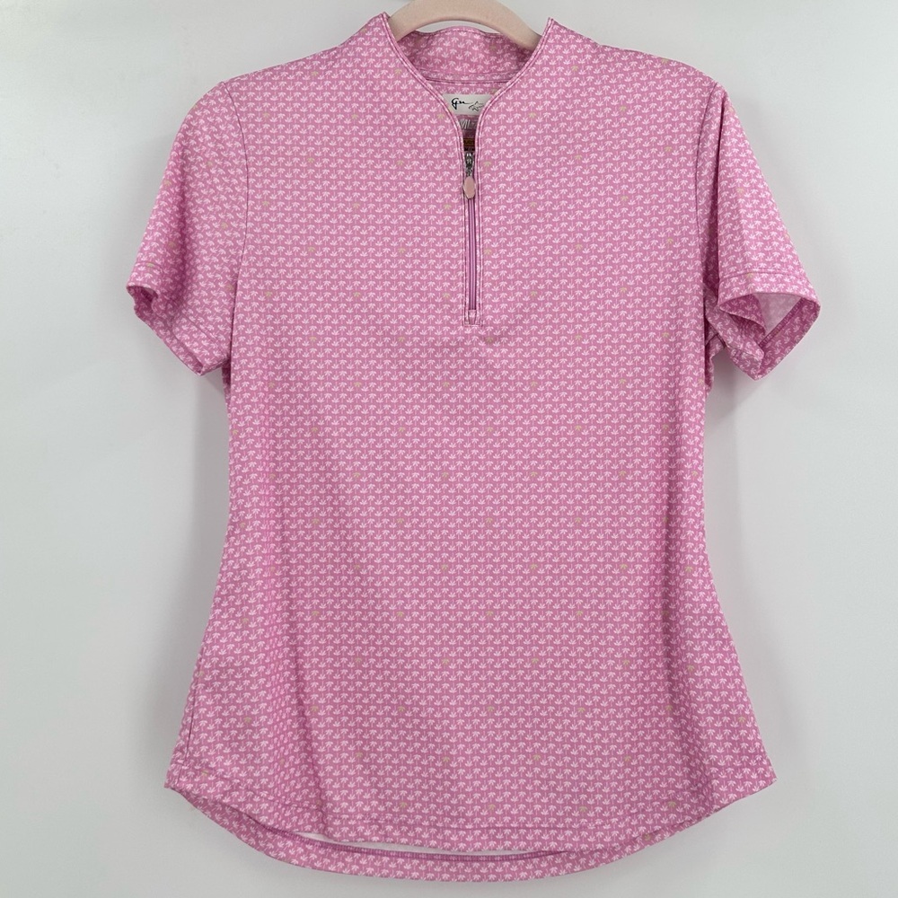GymShark Pink Palm Tree Short Sleeve 1/4 Zip Women’s Active Top Size Medium